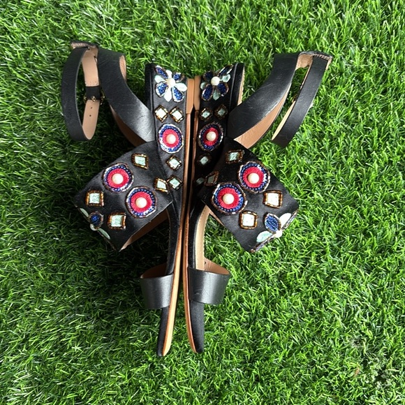 TORY BURCH Estella Wedge Black Beaded Strappy Sandals size 5.5 - Picture 2 of 10